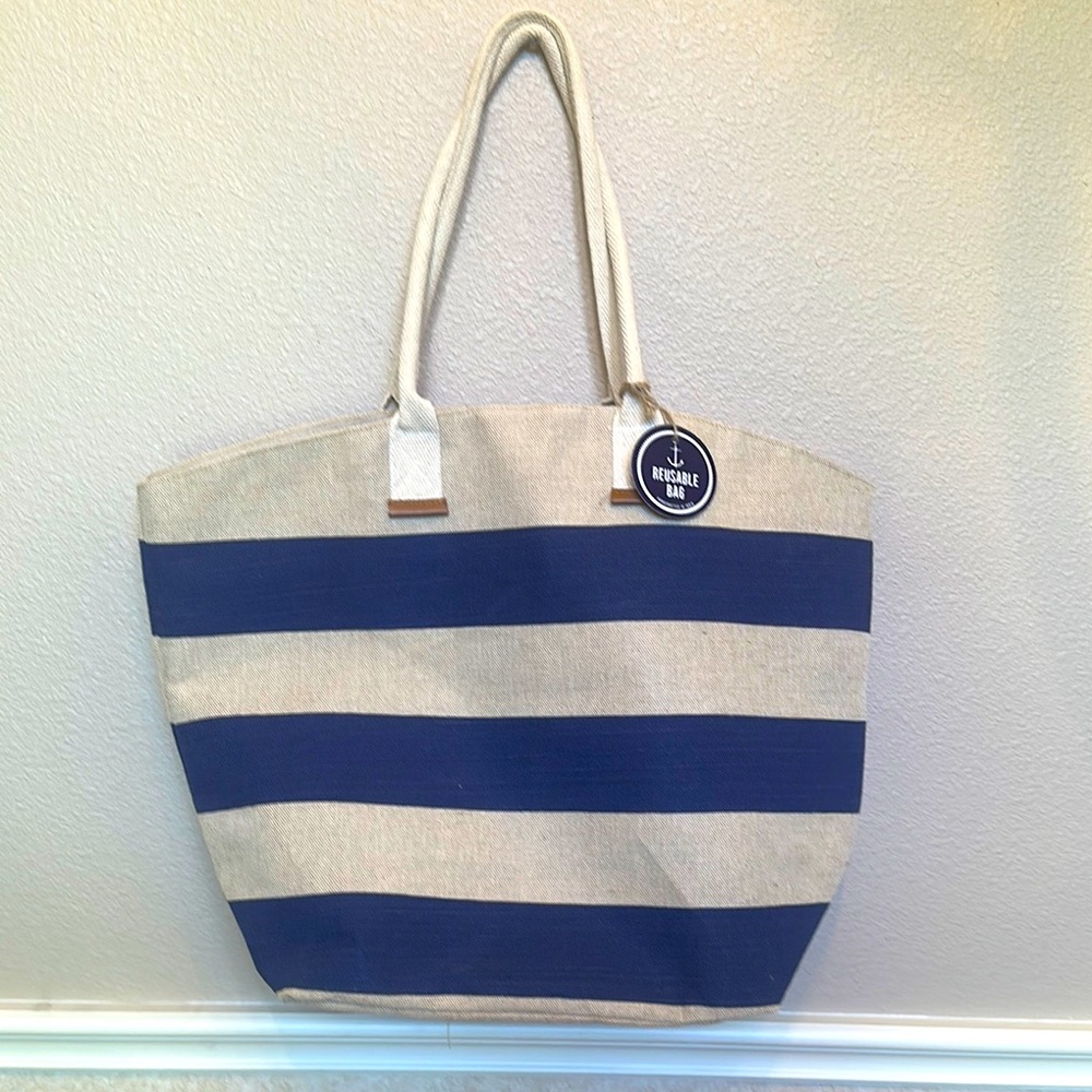 NEW Blue and Cream Striped Beach Woven Indian Big Tote Bag
